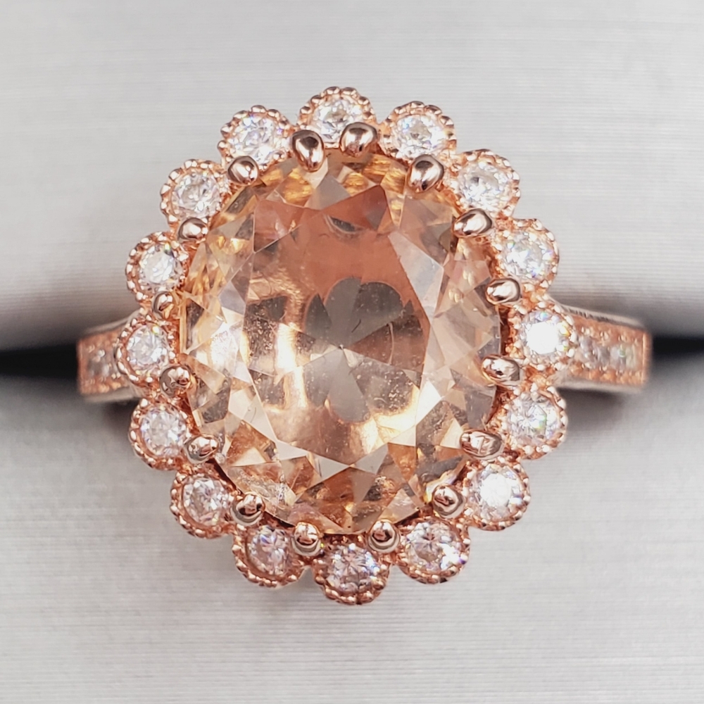 Morganite & Diamond Simulants Rose Gold 925 Sterling Silver Ring size 8